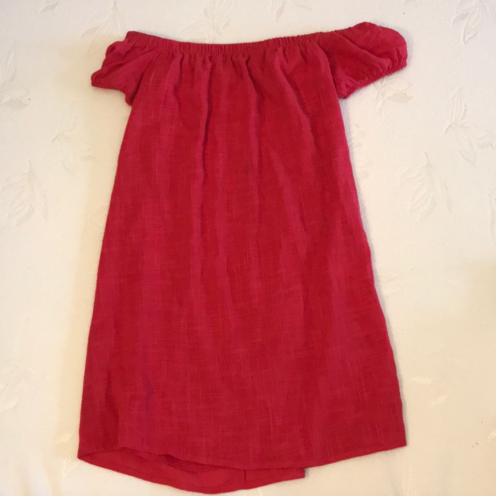 Red off the shoulder dress with small puff sleeves